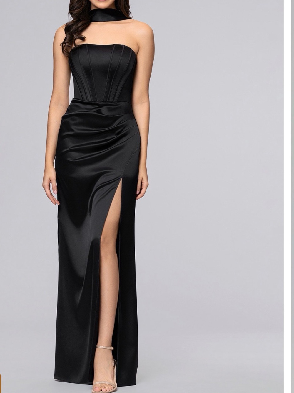 Strapless Black Satin Gown with High Slit